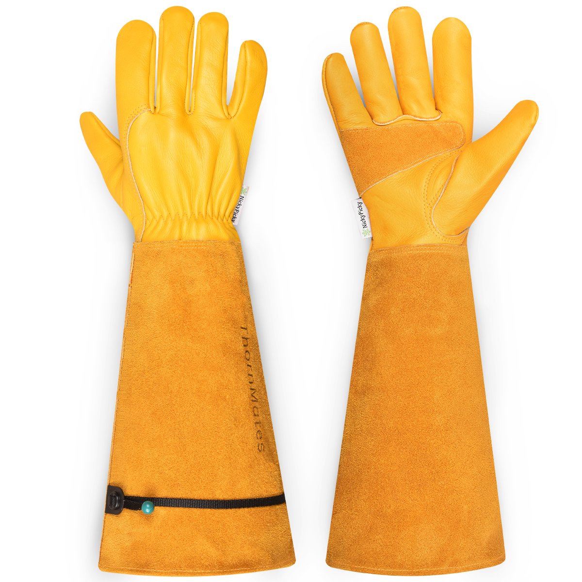 ThornMates long leather gauntlet gardening gloves, front and back, on white