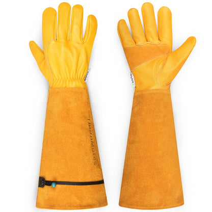 ThornMates long leather gauntlet gardening gloves, front and back, on white