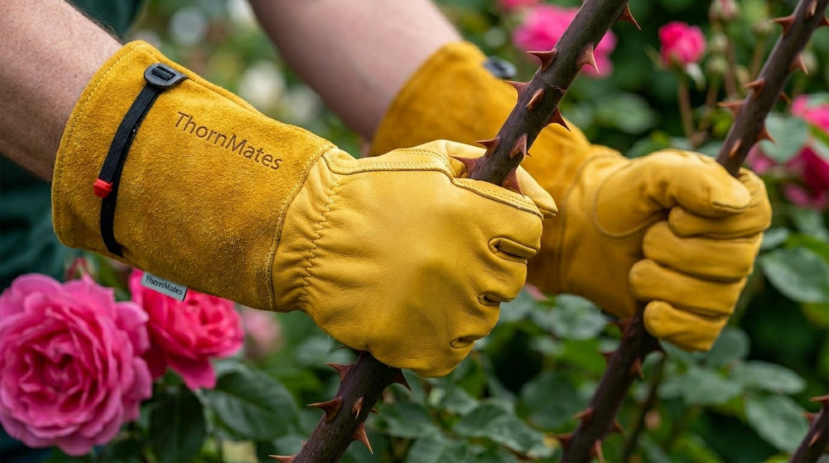 Gardener pruning a thorny rose stem wearing ThornMates leather gauntlet gloves
