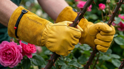 Gardener pruning a thorny rose stem wearing ThornMates leather gauntlet gloves