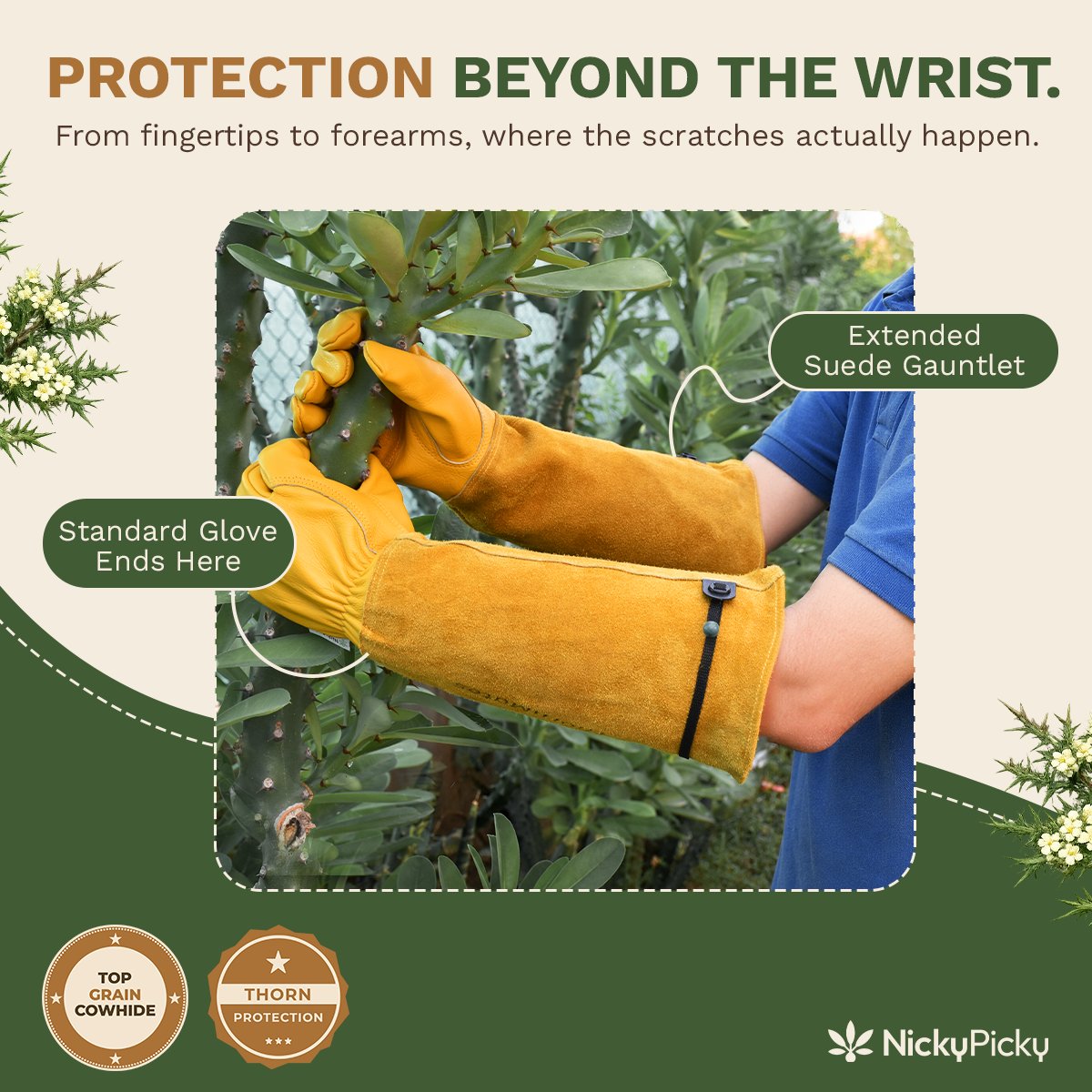 ThornMates suede gauntlet covering the forearm beyond the wrist
