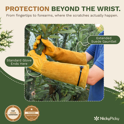 ThornMates suede gauntlet covering the forearm beyond the wrist