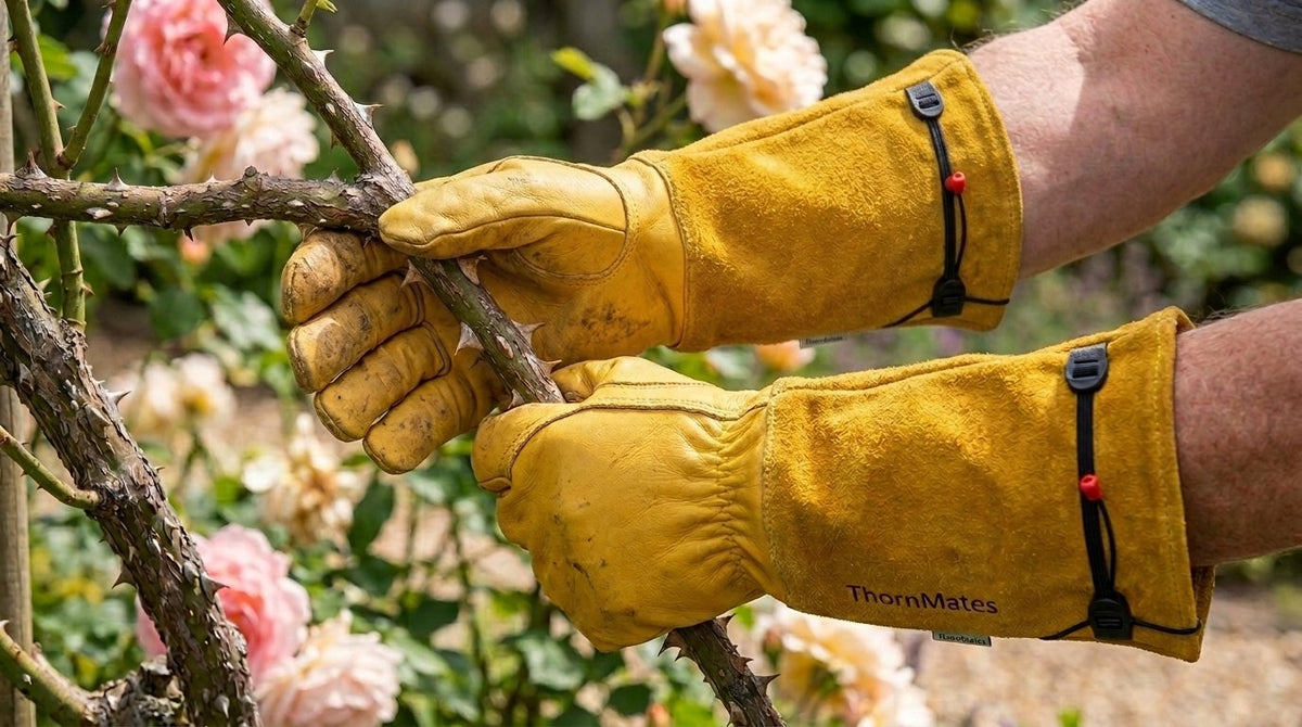 Pruning thorny roses in ThornMates gauntlets with the hook fastening cuff
