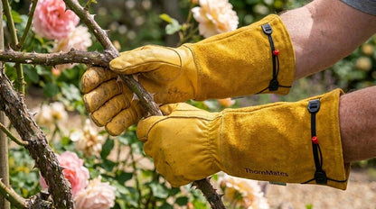 Pruning thorny roses in ThornMates gauntlets with the hook fastening cuff