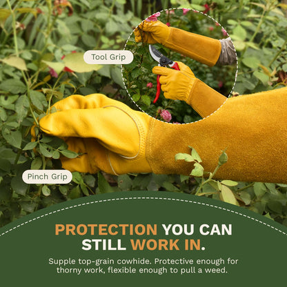Top-grain cowhide palm on ThornMates gloves gripping secateurs