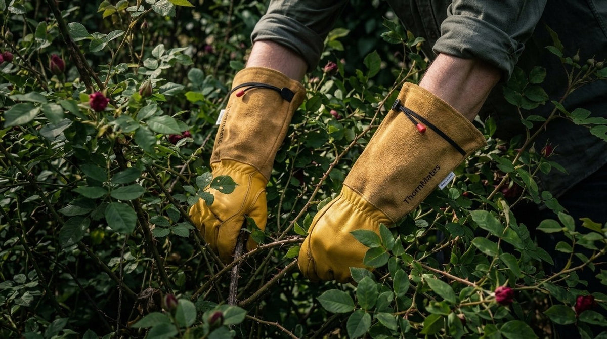Clearing a rose thicket in ThornMates leather gauntlets