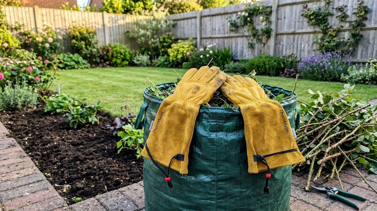 ThornMates gloves on a garden waste bag after clearing brambles