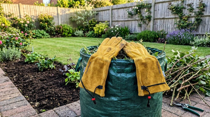 ThornMates gloves on a garden waste bag after clearing brambles